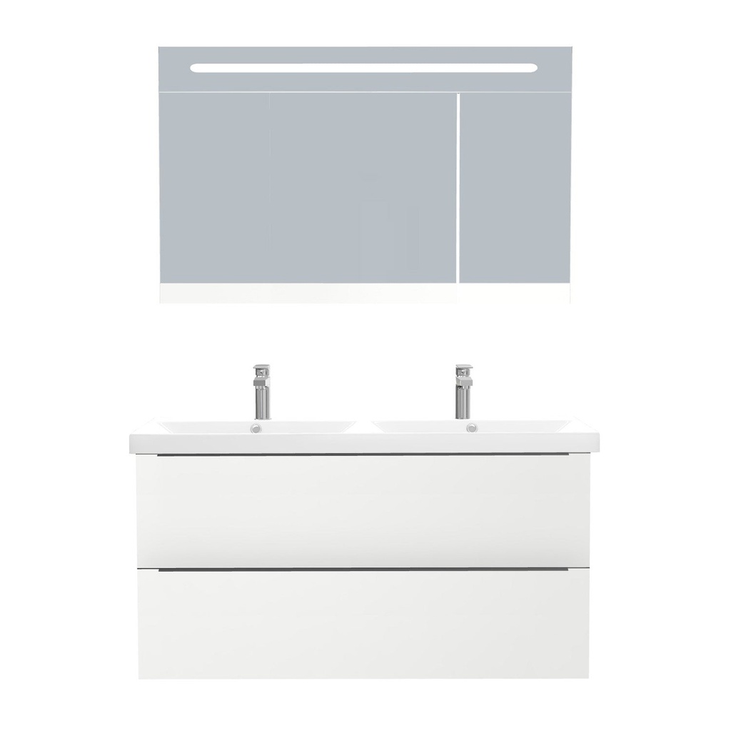 [T-FR-120-ST-WEL-LSK-HW] Frankfurt Badkamermeubel Set 120 cm Hoogglans Wit - Onderkast MDF Softclose Semi handgreep 2 lades met Keramische Wastafel 2 kraangat en Badkamerspiegelkast met Led-verlichting