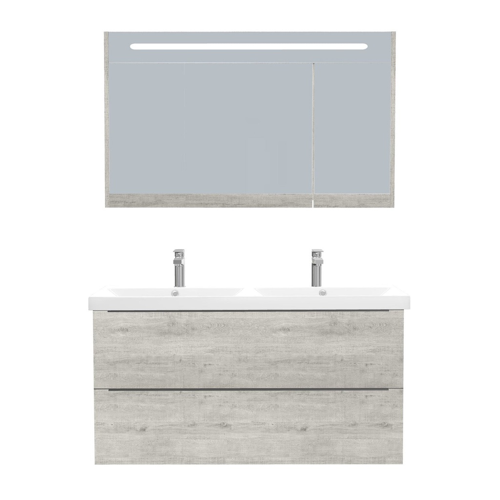 [T-FR-120-ST-WEL-LSK-LS] Frankfurt Badkamermeubel Set 120 cm Lissabon - Onderkast MDF Softclose Semi handgreep 2 lades met Keramische Wastafel 2 kraangat en Badkamerspiegelkast met Led-verlichting