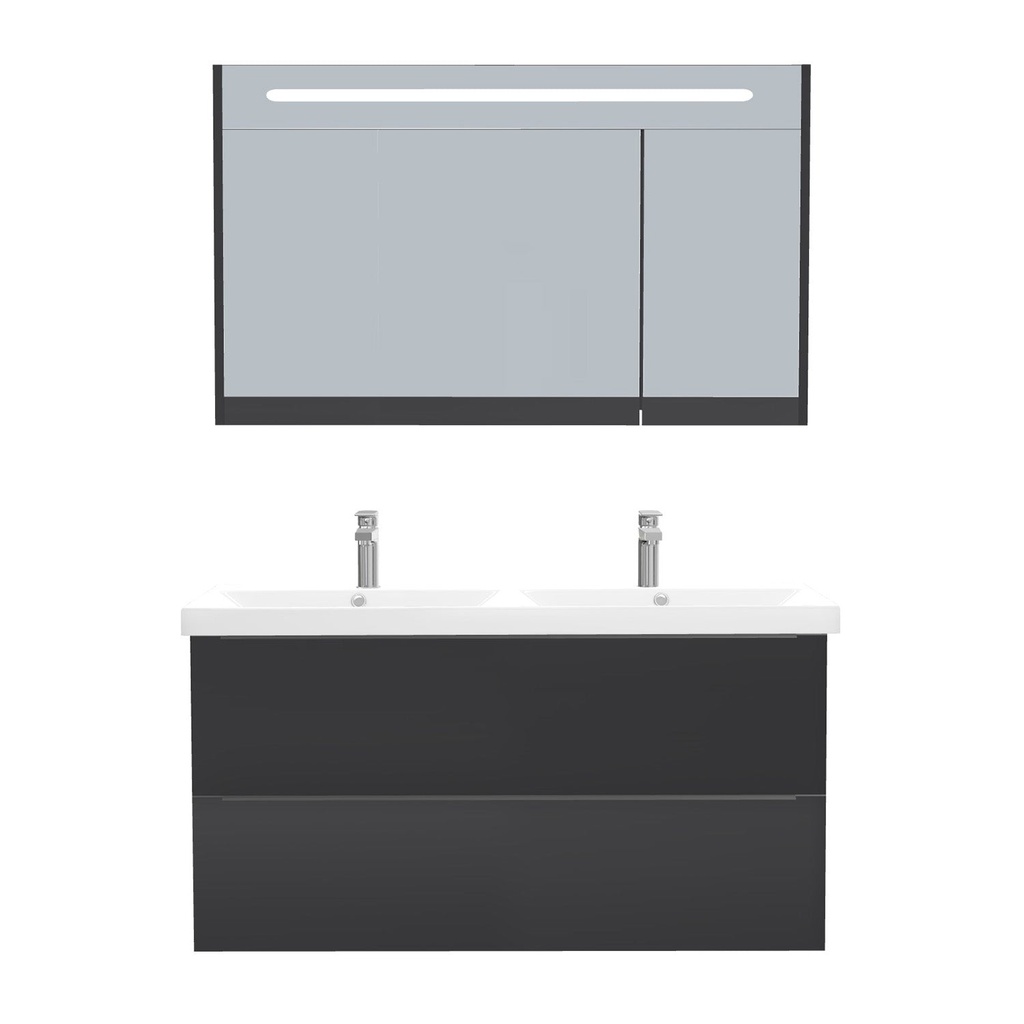 [T-FR-120-ST-WEL-LSK-MS] Frankfurt Badkamermeubel Set 120 cm Mat Zwart - Onderkast MDF Softclose Semi handgreep 2 lades met Keramische Wastafel 2 kraangat en Badkamerspiegelkast met Led-verlichting
