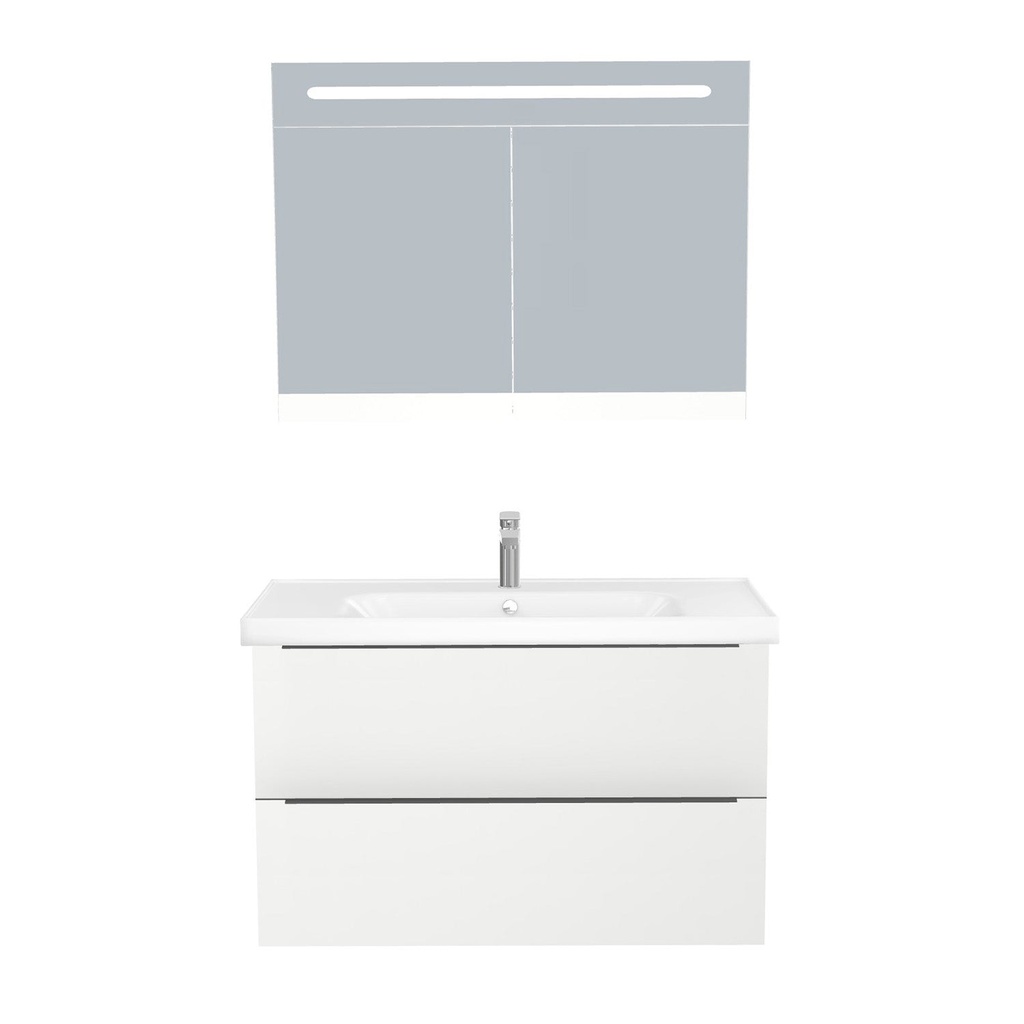 [T-FR-100-ST-WFR-LSK-HW] Frankfurt Badkamermeubel Set 100 cm Hoogglans Wit - Onderkast MDF Softclose Semi handgreep 2 lades met Keramische Wastafel 1 kraangat en Badkamerspiegelkast met Led-verlichting