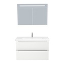 Frankfurt Badkamermeubel Set 100 cm Hoogglans Wit - Onderkast MDF Softclose Semi handgreep 2 lades met Keramische Wastafel 1 kraangat en Badkamerspiegelkast met Led-verlichting