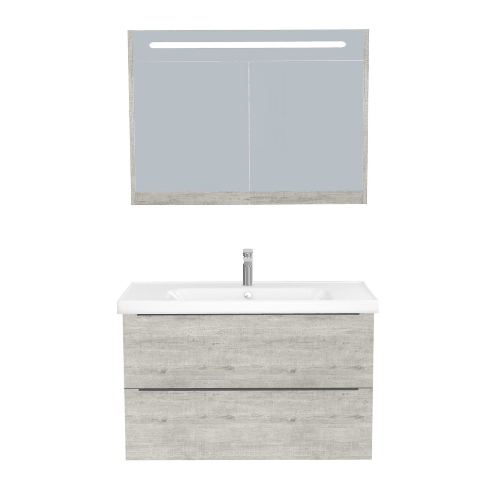[T-FR-100-ST-WFR-LSK-LS] Frankfurt Badkamermeubel Set 100 cm Lissabon - Onderkast MDF Softclose Semi handgreep 2 lades met Keramische Wastafel 1 kraangat en Badkamerspiegelkast met Led-verlichting