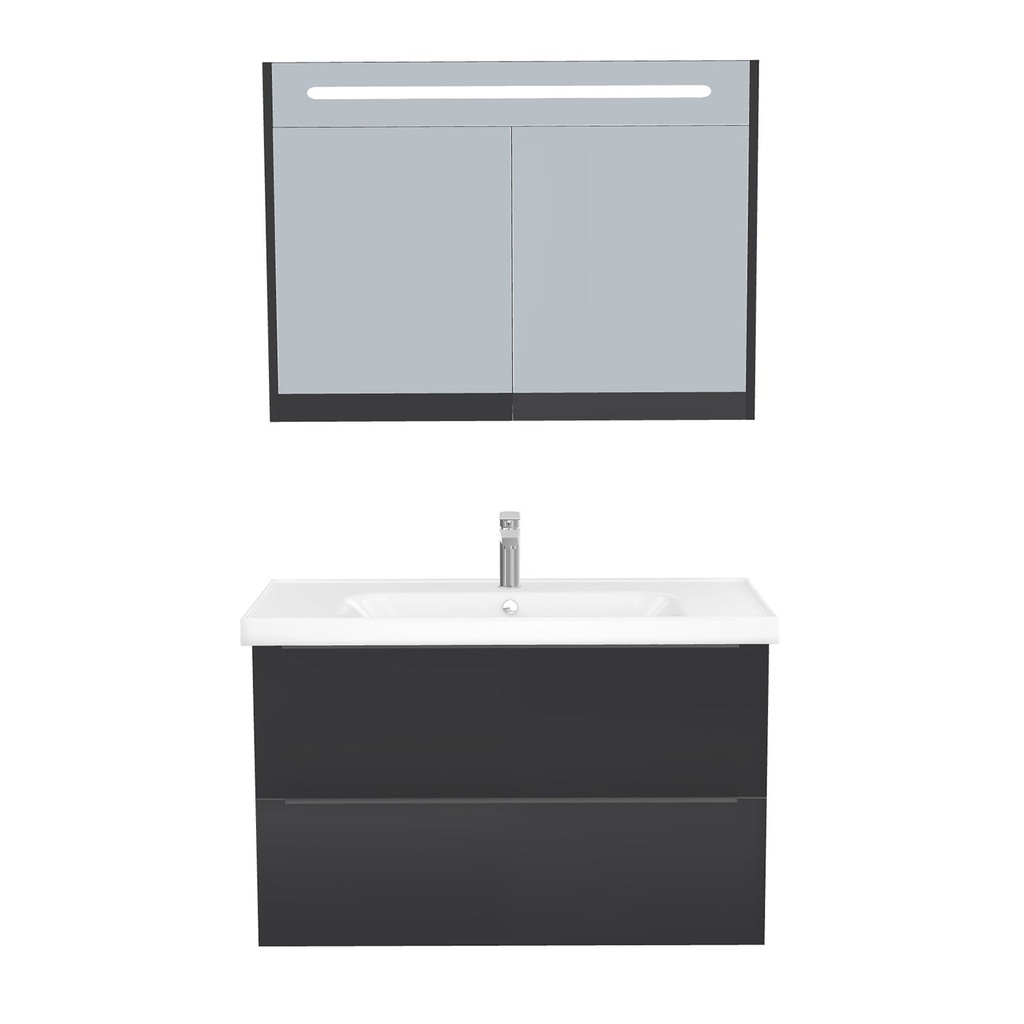 [T-FR-100-ST-WFR-LSK-MS] Frankfurt Badkamermeubel Set 100 cm Mat Zwart - Onderkast MDF Softclose Semi handgreep 2 lades met Keramische Wastafel 1 kraangat en Badkamerspiegelkast met Led-verlichting