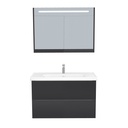 Frankfurt Badkamermeubel Set 100 cm Mat Zwart - Onderkast MDF Softclose Semi handgreep 2 lades met Keramische Wastafel 1 kraangat en Badkamerspiegelkast met Led-verlichting