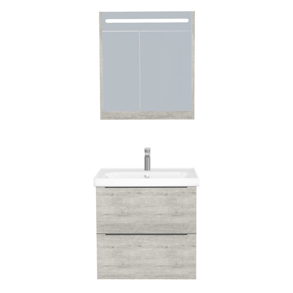 [T-FR-65-ST-WFR-LSK-LS] Frankfurt Badkamermeubel Set 65 cm Lissabon - Onderkast MDF Softclose Semi handgreep 2 lades met Keramische Wastafel 1 kraangat en Badkamerspiegelkast met Led-verlichting