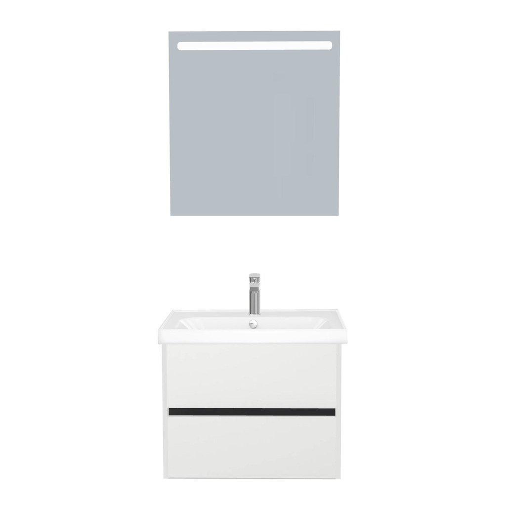 [B-JE-65-ST-WFR-LS-HW] Jena Badkamermeubel Set 65 cm Hoogglans Wit - Onderkast MDF Softclose Greeploos 2 lades met Keramische Wastafel 1 kraangat en Badkamerspiegel met Led-verlichting