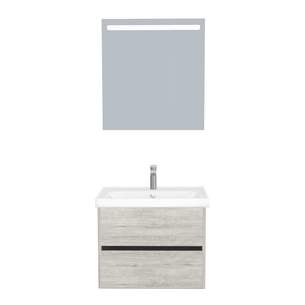 [B-JE-65-ST-WFR-LS-LS] Jena Badkamermeubel Set 65 cm Lissabon - Onderkast MDF Softclose Greeploos 2 lades met Keramische Wastafel 1 kraangat en Badkamerspiegel met Led-verlichting