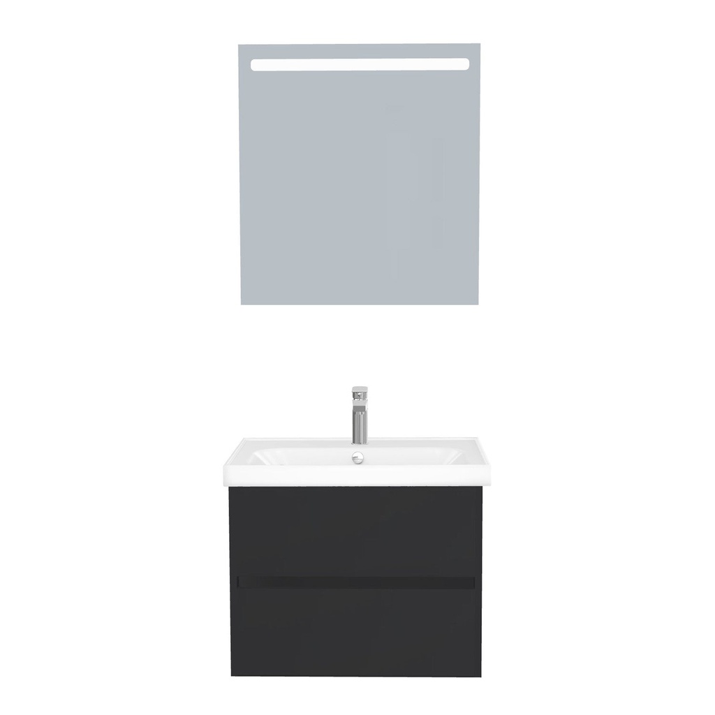 [B-JE-65-ST-WFR-LS-MS] Jena Badkamermeubel Set 65 cm Mat Zwart - Onderkast MDF Softclose Greeploos 2 lades met Keramische Wastafel 1 kraangat en Badkamerspiegel met Led-verlichting