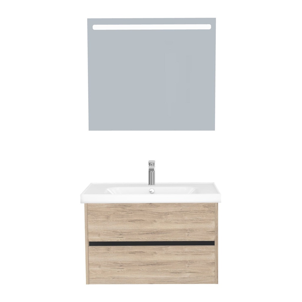 [B-JE-80-ST-WFR-LS-DE] Jena Badkamermeubel Set 80 cm Duitse Eik - Onderkast MDF Softclose Greeploos 2 lades met Keramische Wastafel 1 kraangat en Badkamerspiegel met Led-verlichting