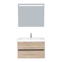 Jena Badkamermeubel Set 80 cm Duitse Eik - Onderkast MDF Softclose Greeploos 2 lades met Keramische Wastafel 1 kraangat en Badkamerspiegel met Led-verlichting