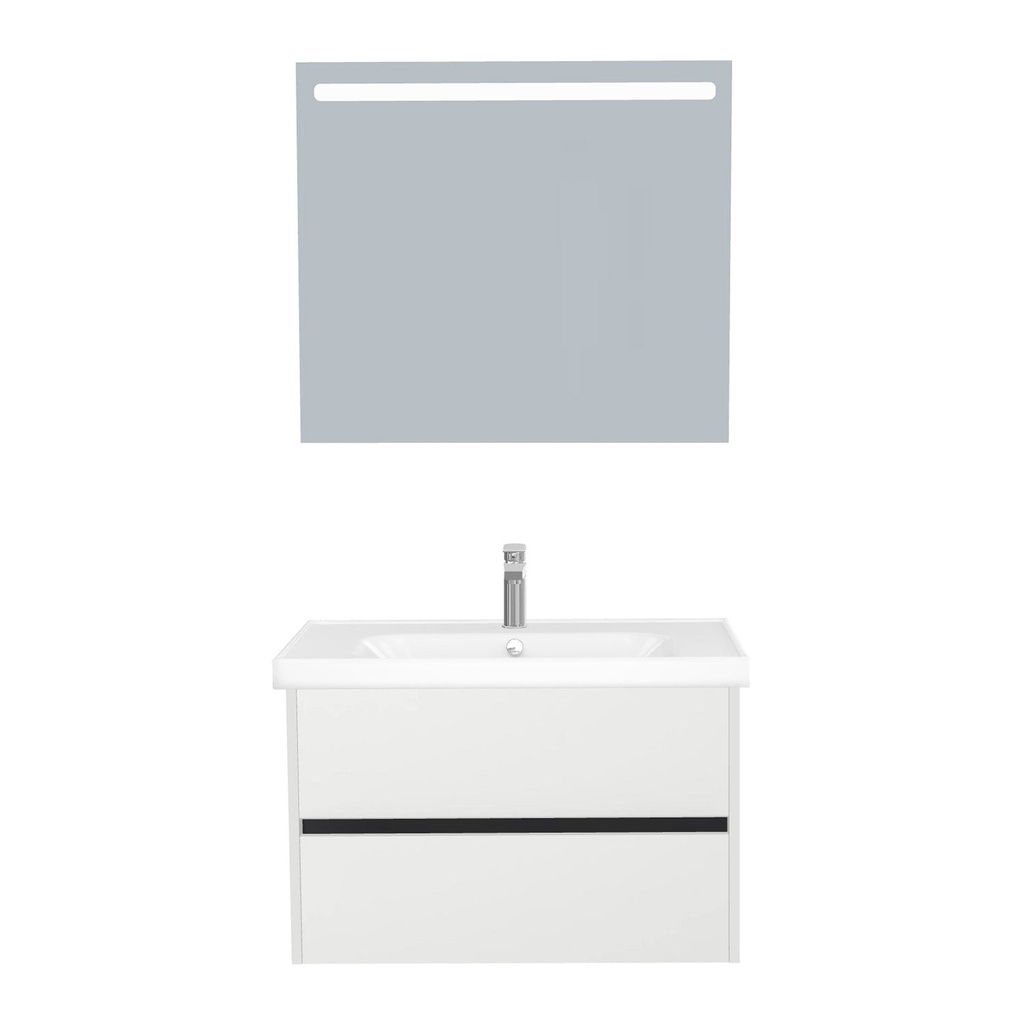 [B-JE-80-ST-WFR-LS-HW] Jena Badkamermeubel Set 80 cm Hoogglans Wit - Onderkast MDF Softclose Greeploos 2 lades met Keramische Wastafel 1 kraangat en Badkamerspiegel met Led-verlichting