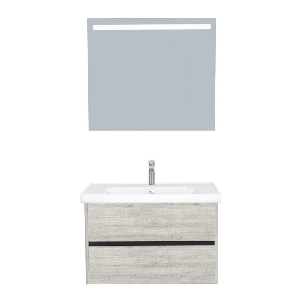 [B-JE-80-ST-WFR-LS-LS] Jena Badkamermeubel Set 80 cm Lissabon - Onderkast MDF Softclose Greeploos 2 lades met Keramische Wastafel 1 kraangat en Badkamerspiegel met Led-verlichting