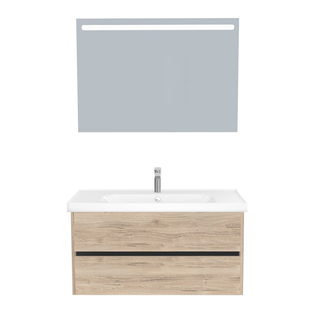 [B-JE-100-ST-WFR-LS-DE] Jena Badkamermeubel Set 100 cm Duitse Eik - Onderkast MDF Softclose Greeploos 2 lades met Keramische Wastafel 1 kraangat en Badkamerspiegel met Led-verlichting