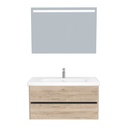 Jena Badkamermeubel Set 100 cm Duitse Eik - Onderkast MDF Softclose Greeploos 2 lades met Keramische Wastafel 1 kraangat en Badkamerspiegel met Led-verlichting