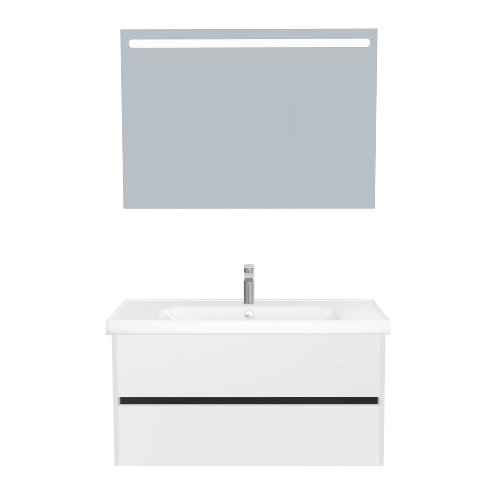 [B-JE-100-ST-WFR-LS-HW] Jena Badkamermeubel Set 100 cm Hoogglans Wit - Onderkast MDF Softclose Greeploos 2 lades met Keramische Wastafel 1 kraangat en Badkamerspiegel met Led-verlichting