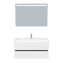 Jena Badkamermeubel Set 100 cm Hoogglans Wit - Onderkast MDF Softclose Greeploos 2 lades met Keramische Wastafel 1 kraangat en Badkamerspiegel met Led-verlichting