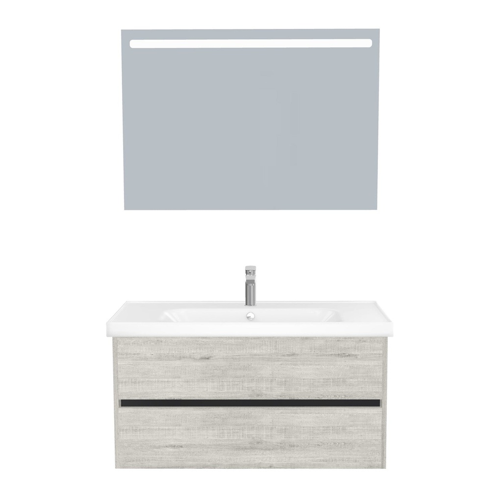 [B-JE-100-ST-WFR-LS-LS] Jena Badkamermeubel Set 100 cm Lissabon - Onderkast MDF Softclose Greeploos 2 lades met Keramische Wastafel 1 kraangat en Badkamerspiegel met Led-verlichting