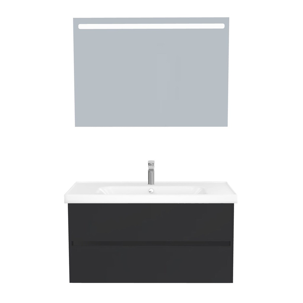 [B-JE-100-ST-WFR-LS-MS] Jena Badkamermeubel Set 100 cm Mat Zwart - Onderkast MDF Softclose Greeploos 2 lades met Keramische Wastafel 1 kraangat en Badkamerspiegel met Led-verlichting