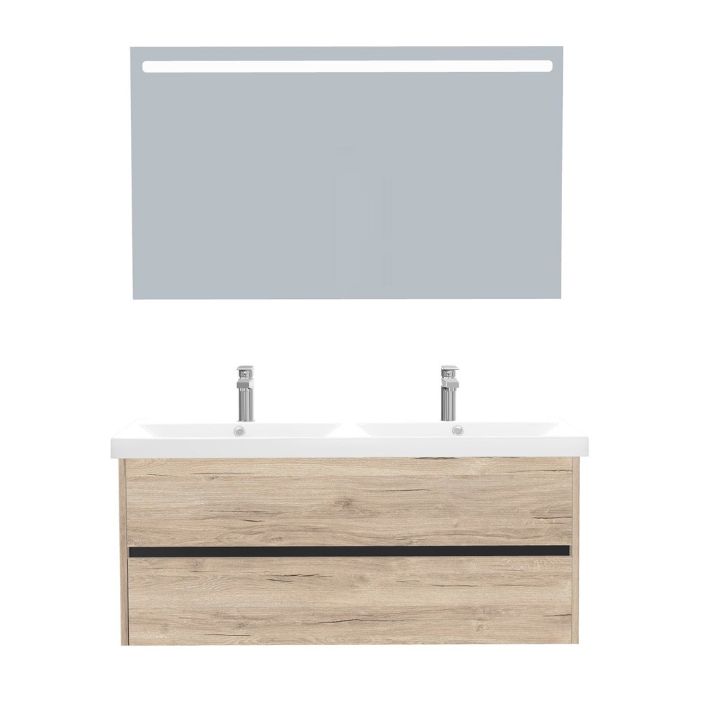 [B-JE-120-ST-WEL-LS-DE] Jena Badkamermeubel Set 120 cm Duitse Eik - Onderkast MDF Softclose Greeploos 2 lades met Keramische Wastafel 2 kraangat en Badkamerspiegel met Led-verlichting