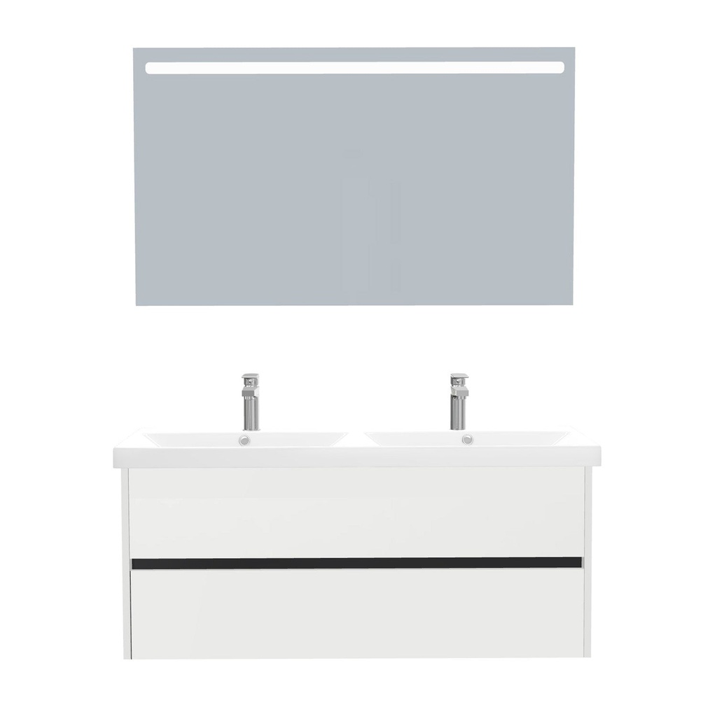 [B-JE-120-ST-WEL-LS-HW] Jena Badkamermeubel Set 120 cm Hoogglans Wit - Onderkast MDF Softclose Greeploos 2 lades met Keramische Wastafel 2 kraangat en Badkamerspiegel met Led-verlichting