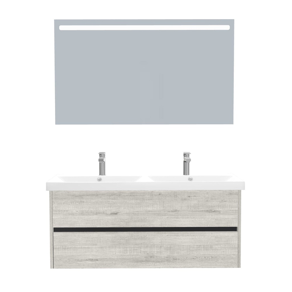 [B-JE-120-ST-WEL-LS-LS] Jena Badkamermeubel Set 120 cm Lissabon - Onderkast MDF Softclose Greeploos 2 lades met Keramische Wastafel 2 kraangat en Badkamerspiegel met Led-verlichting