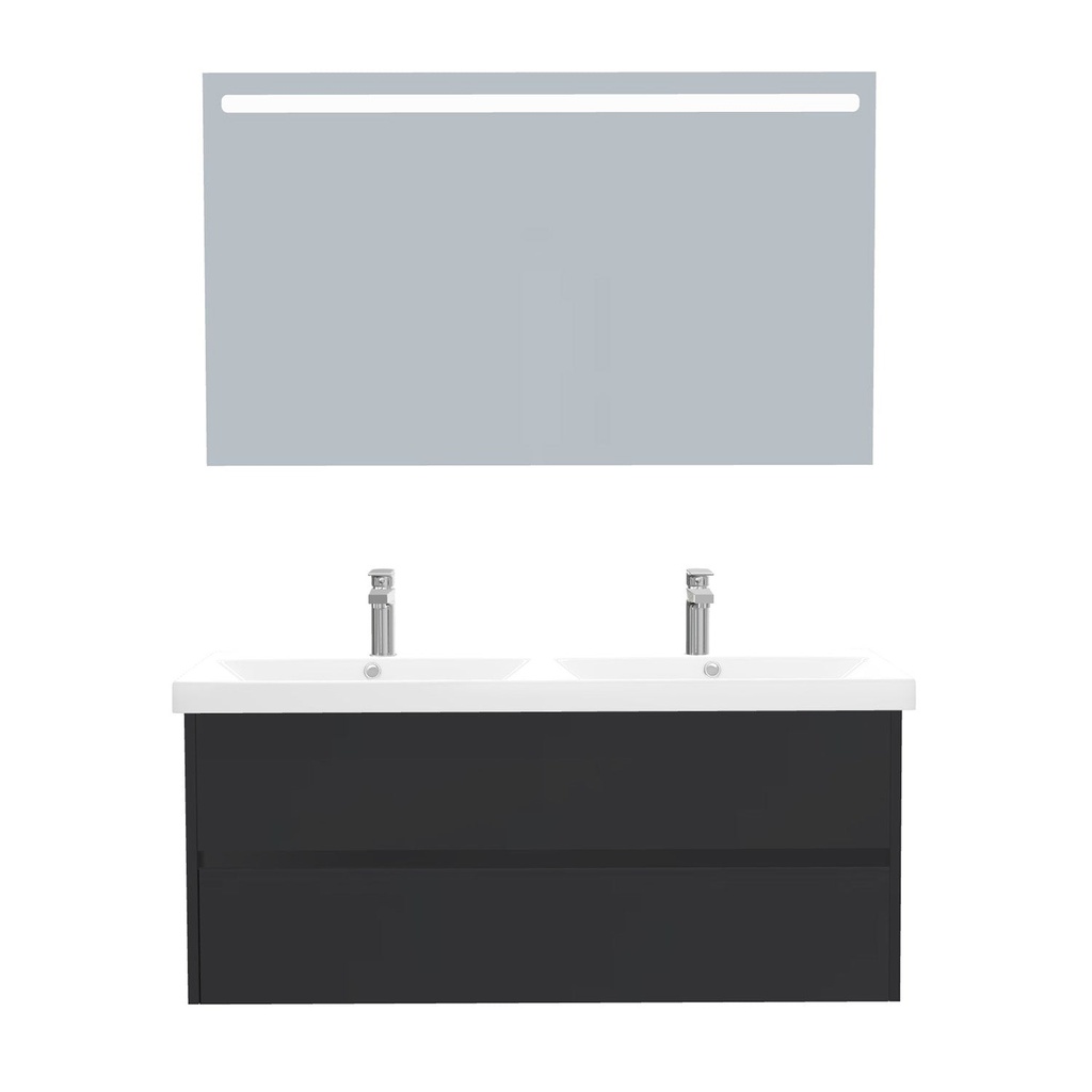 [B-JE-120-ST-WEL-LS-MS] Jena Badkamermeubel Set 120 cm Mat Zwart - Onderkast MDF Softclose Greeploos 2 lades met Keramische Wastafel 2 kraangat en Badkamerspiegel met Led-verlichting