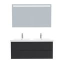 Jena Badkamermeubel Set 120 cm Mat Zwart - Onderkast MDF Softclose Greeploos 2 lades met Keramische Wastafel 2 kraangat en Badkamerspiegel met Led-verlichting