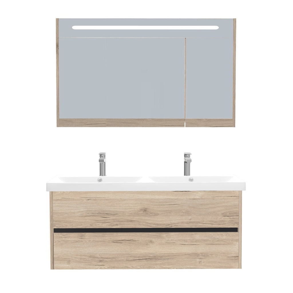 [B-JE-120-ST-WEL-LSK-DE] Jena Badkamermeubel Set 120 cm Duitse Eik - Onderkast MDF Softclose Greeploos 2 lades met Keramische Wastafel 2 kraangat en Badkamerspiegelkast met Led-verlichting