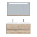 Jena Badkamermeubel Set 120 cm Duitse Eik - Onderkast MDF Softclose Greeploos 2 lades met Keramische Wastafel 2 kraangat en Badkamerspiegelkast met Led-verlichting