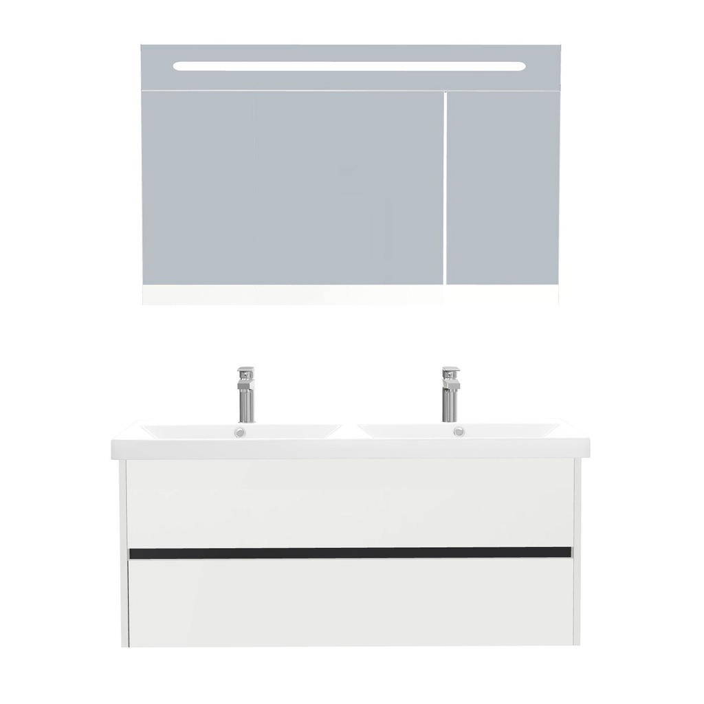 [B-JE-120-ST-WEL-LSK-HW] Jena Badkamermeubel Set 120 cm Hoogglans Wit - Onderkast MDF Softclose Greeploos 2 lades met Keramische Wastafel 2 kraangat en Badkamerspiegelkast met Led-verlichting