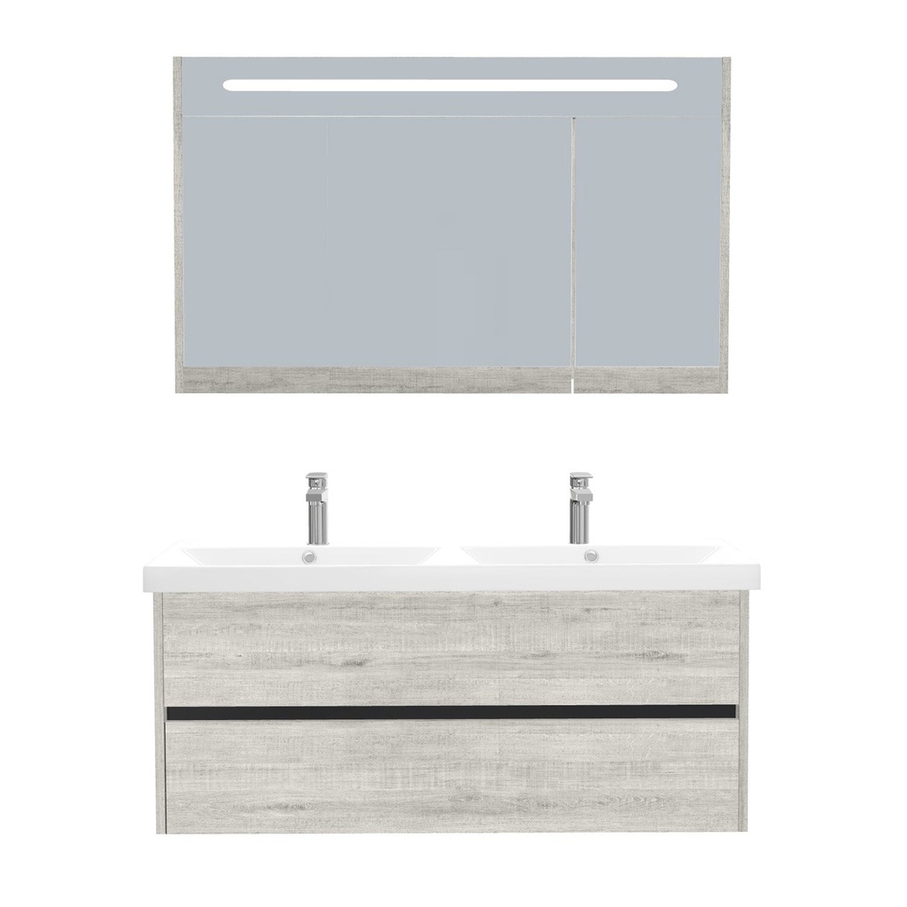 [B-JE-120-ST-WEL-LSK-LS] Jena Badkamermeubel Set 120 cm Lissabon - Onderkast MDF Softclose Greeploos 2 lades met Keramische Wastafel 2 kraangat en Badkamerspiegelkast met Led-verlichting