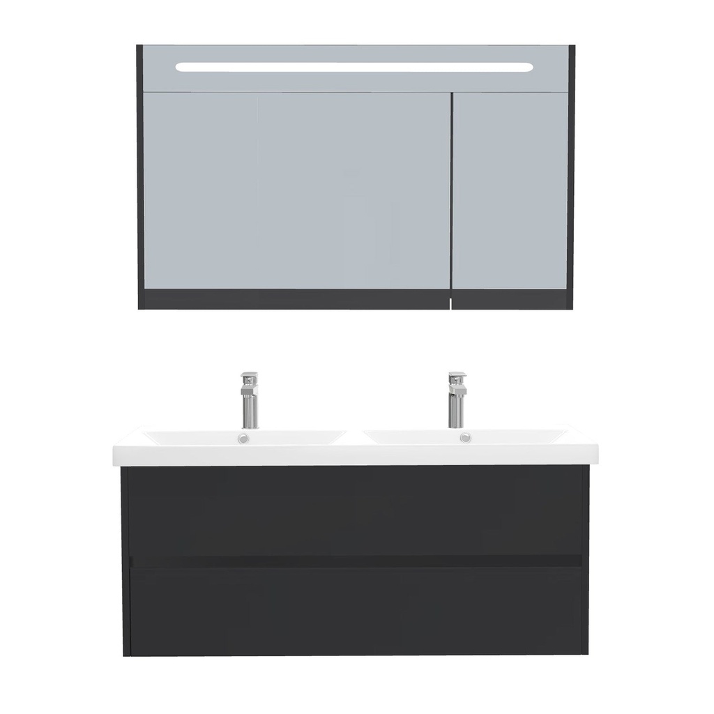 [B-JE-120-ST-WEL-LSK-MS] Jena Badkamermeubel Set 120 cm Mat Zwart - Onderkast MDF Softclose Greeploos 2 lades met Keramische Wastafel 2 kraangat en Badkamerspiegelkast met Led-verlichting