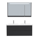 Jena Badkamermeubel Set 120 cm Mat Zwart - Onderkast MDF Softclose Greeploos 2 lades met Keramische Wastafel 2 kraangat en Badkamerspiegelkast met Led-verlichting