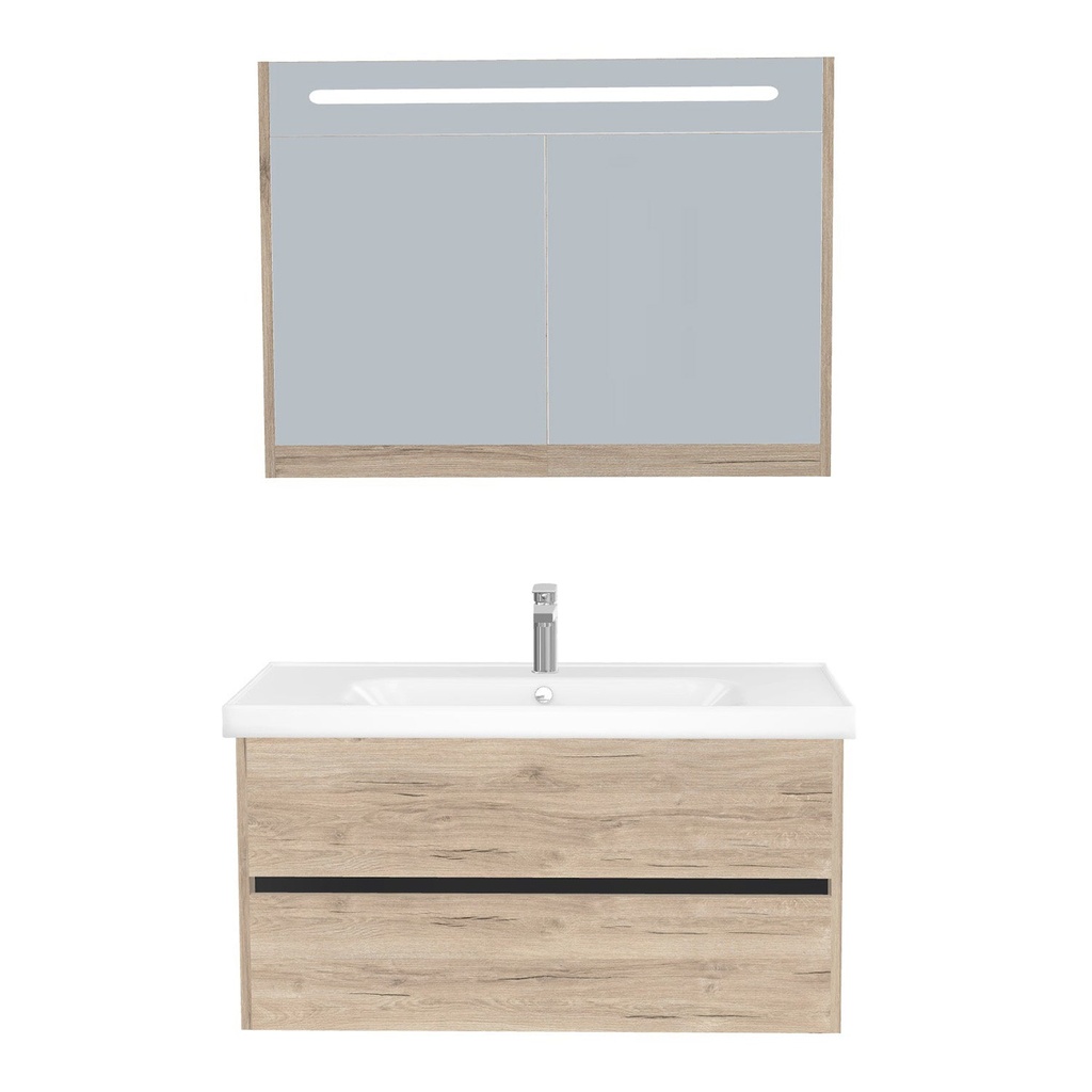 [B-JE-100-ST-WFR-LSK-DE] Jena Badkamermeubel Set 100 cm Duitse Eik- Onderkast MDF Softclose Greeploos 2 lades met Keramische Wastafel 1 kraangat en Badkamerspiegelkast met Led-verlichting