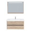 Jena Badkamermeubel Set 100 cm Duitse Eik- Onderkast MDF Softclose Greeploos 2 lades met Keramische Wastafel 1 kraangat en Badkamerspiegelkast met Led-verlichting