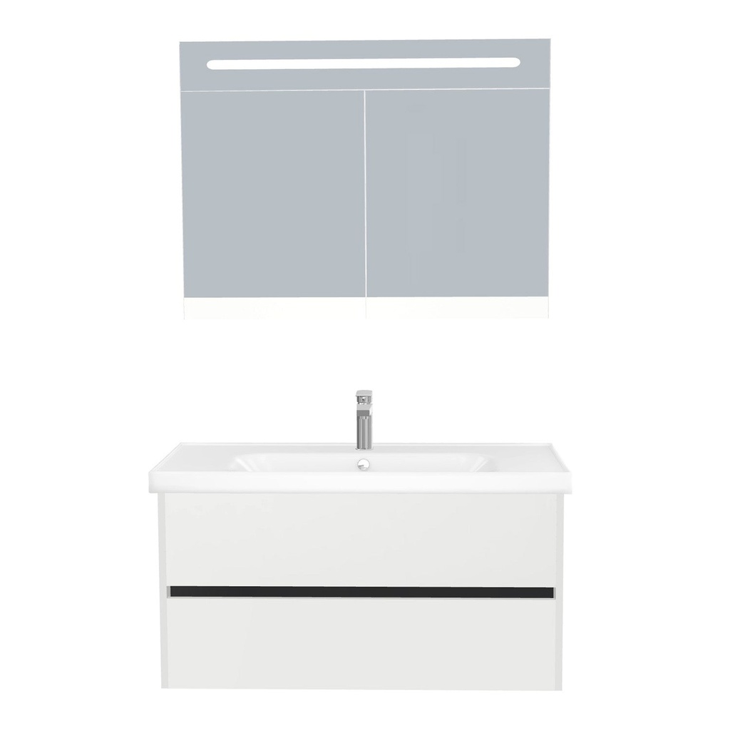 [B-JE-100-ST-WFR-LSK-HW] Jena Badkamermeubel Set 100 cm Hoogglans Wit - Onderkast MDF Softclose Greeploos 2 lades met Keramische Wastafel 1 kraangat en Badkamerspiegelkast met Led-verlichting