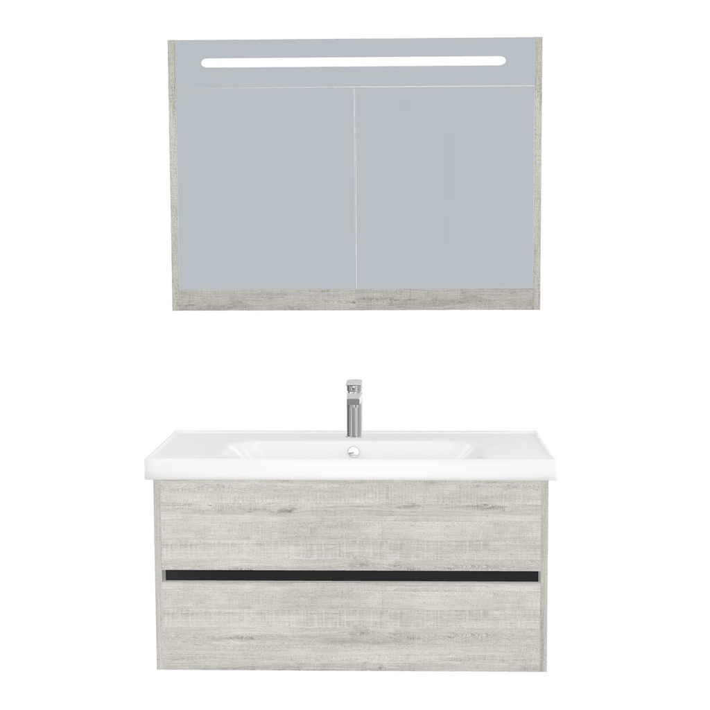 [B-JE-100-ST-WFR-LSK-LS] Jena Badkamermeubel Set 100 cm Lissabon - Onderkast MDF Softclose Greeploos 2 lades met Keramische Wastafel 1 kraangat en Badkamerspiegelkast met Led-verlichting