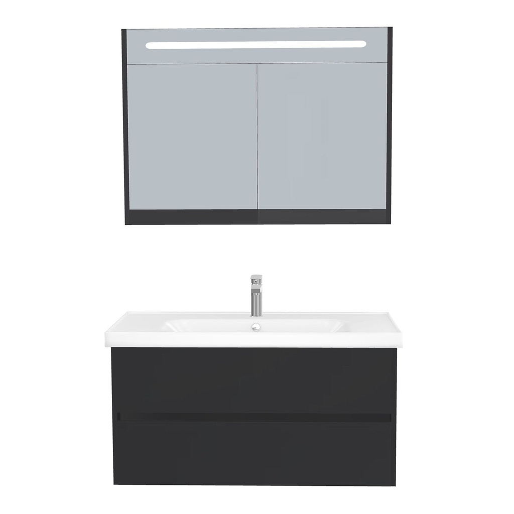 [B-JE-100-ST-WFR-LSK-MS] Jena Badkamermeubel Set 100 cm Mat Zwart - Onderkast MDF Softclose Greeploos 2 lades met Keramische Wastafel 1 kraangat en Badkamerspiegelkast met Led-verlichting