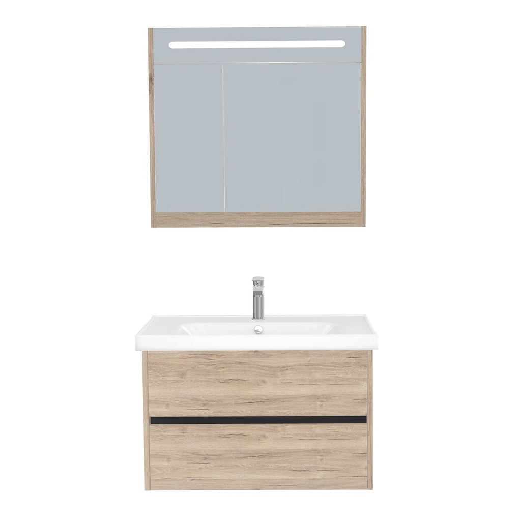 [B-JE-80-ST-WFR-LSK-DE] Jena Badkamermeubel Set 80 cm Duitse Eik - Onderkast MDF Softclose Greeploos 2 lades met Keramische Wastafel 1 kraangat en Badkamerspiegelkast met Led-verlichting