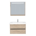 Jena Badkamermeubel Set 80 cm Duitse Eik - Onderkast MDF Softclose Greeploos 2 lades met Keramische Wastafel 1 kraangat en Badkamerspiegelkast met Led-verlichting