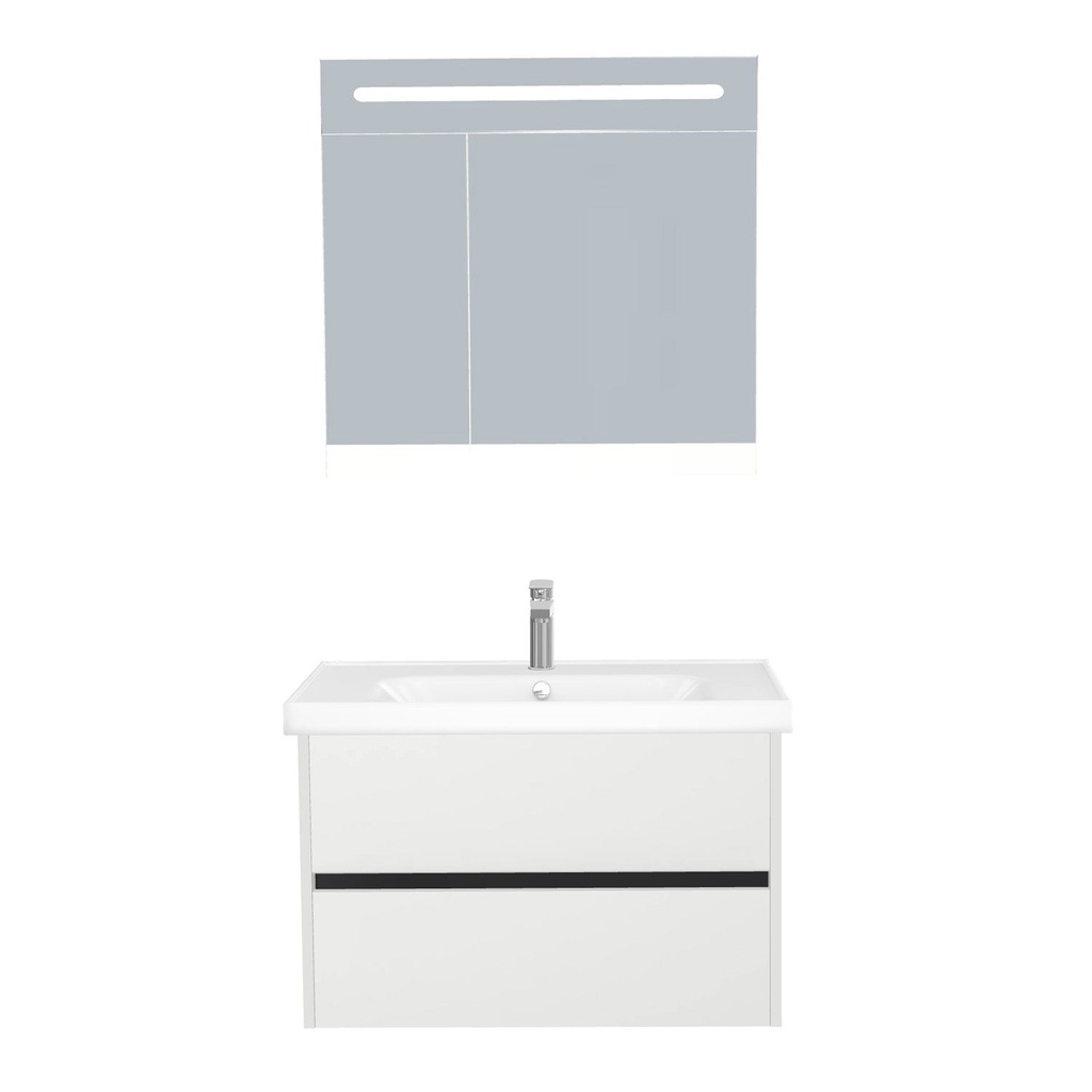 [B-JE-80-ST-WFR-LSK-HW] Jena Badkamermeubel Set 80 cm Hoogglans Wit - Onderkast MDF Softclose Greeploos 2 lades met Keramische Wastafel 1 kraangat en Badkamerspiegelkast met Led-verlichting