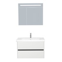 Jena Badkamermeubel Set 80 cm Hoogglans Wit - Onderkast MDF Softclose Greeploos 2 lades met Keramische Wastafel 1 kraangat en Badkamerspiegelkast met Led-verlichting