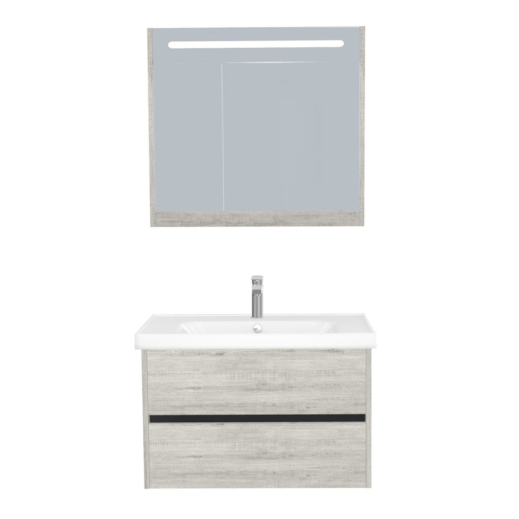 [B-JE-80-ST-WFR-LSK-LS] Jena Badkamermeubel Set 80 cm Lissabon - Onderkast MDF Softclose Greeploos 2 lades met Keramische Wastafel 1 kraangat en Badkamerspiegelkast met Led-verlichting