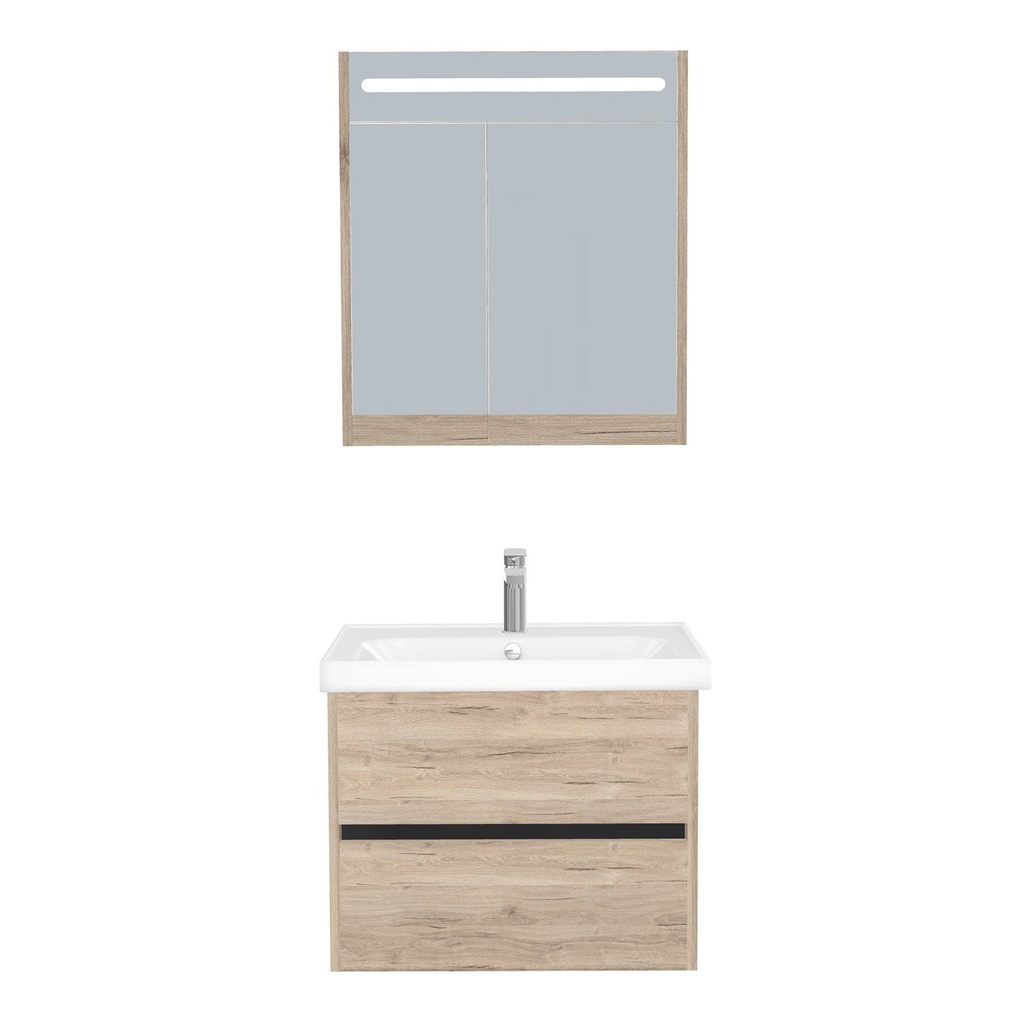 [B-JE-65-ST-WFR-LSK-DE] Jena Badkamermeubel Set 65 cm Duitse Eik - Onderkast MDF Softclose Greeploos 2 lades met Keramische Wastafel 1 kraangat en Badkamerspiegelkast met Led-verlichting