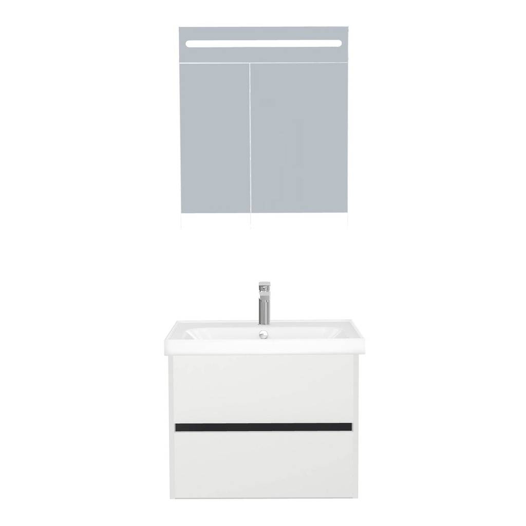 [B-JE-65-ST-WFR-LSK-HW] Jena Badkamermeubel Set 65 cm Hoogglans Wit - Onderkast MDF Softclose Greeploos 2 lades met Keramische Wastafel 1 kraangat en Badkamerspiegelkast met Led-verlichting