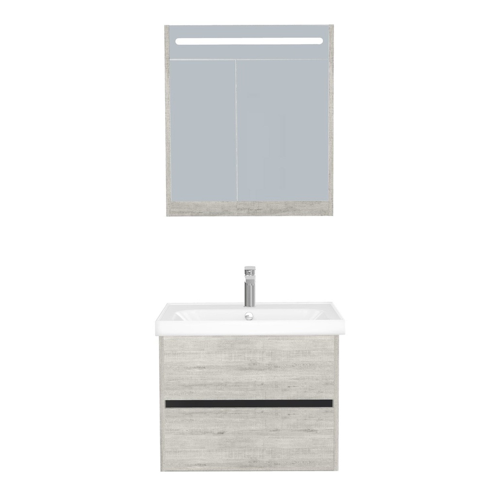 [B-JE-65-ST-WFR-LSK-LS] Jena Badkamermeubel Set 65 cm Lissabon - Onderkast MDF Softclose Greeploos 2 lades met Keramische Wastafel 1 kraangat en Badkamerspiegelkast met Led-verlichting