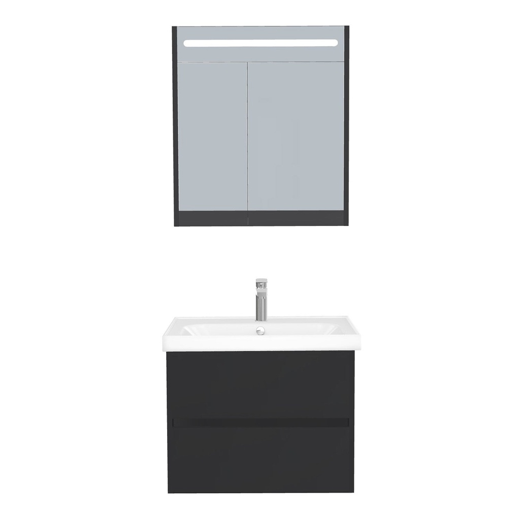 [B-JE-65-ST-WFR-LSK-MS] Jena Badkamermeubel Set 65 cm Mat Zwart - Onderkast MDF Softclose Greeploos 2 lades met Keramische Wastafel 1 kraangat en Badkamerspiegelkast met Led-verlichting