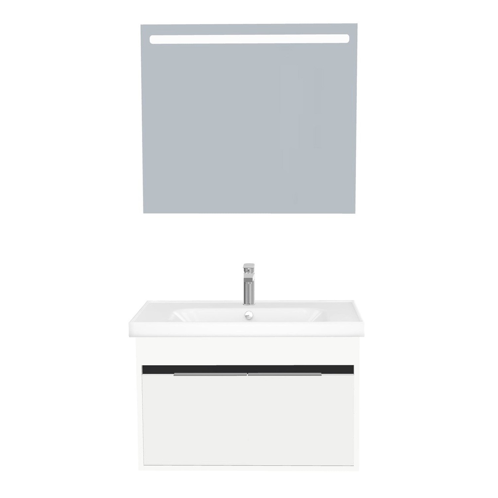 [B-KA-80-ST-WFR-LS-HW] Kassel Badkamermeubel Set 80 cm Hoogglans Wit - Onderkast MDF Softclose Semi handgreep 2 deuren met Keramische Wastafel 1 kraangat en Badkamerspiegel met Led-verlichting