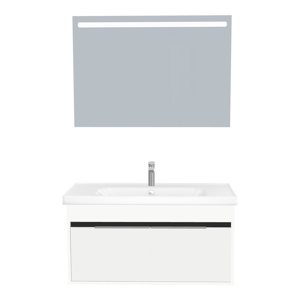 [B-KA-100-ST-WFR-LS-HW] Kassel Badkamermeubel Set 100 cm Hoogglans Wit - Onderkast MDF Softclose Semi handgreep 2 deuren met Keramische Wastafel 1 kraangat en Badkamerspiegel met Led-verlichting