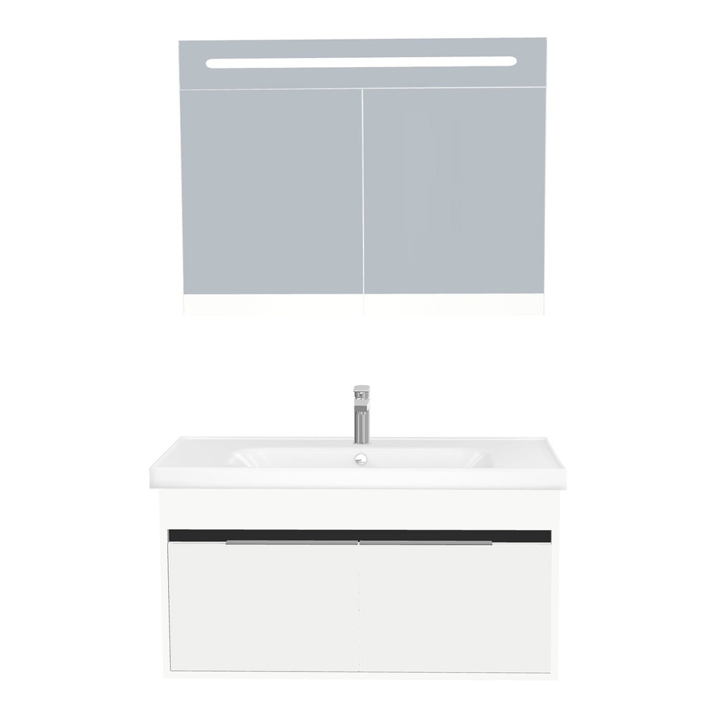 [B-KA-100-ST-WFR-LSK-HW] Kassel Badkamermeubel Set 100 cm Hoogglans Wit - Onderkast MDF Softclose Semi handgreep 2 deuren met Keramische Wastafel 1 kraangat en Badkamerspiegelkast met Led-verlichting